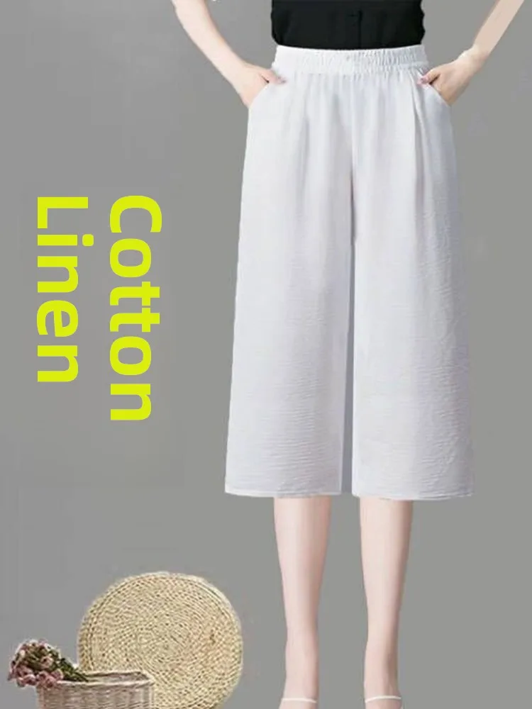 Pantalones finos de lino y algodón para mujer, pantalón informal, de pierna recta, de cintura alta, de siete pies, cómodos y transpirables, de verano