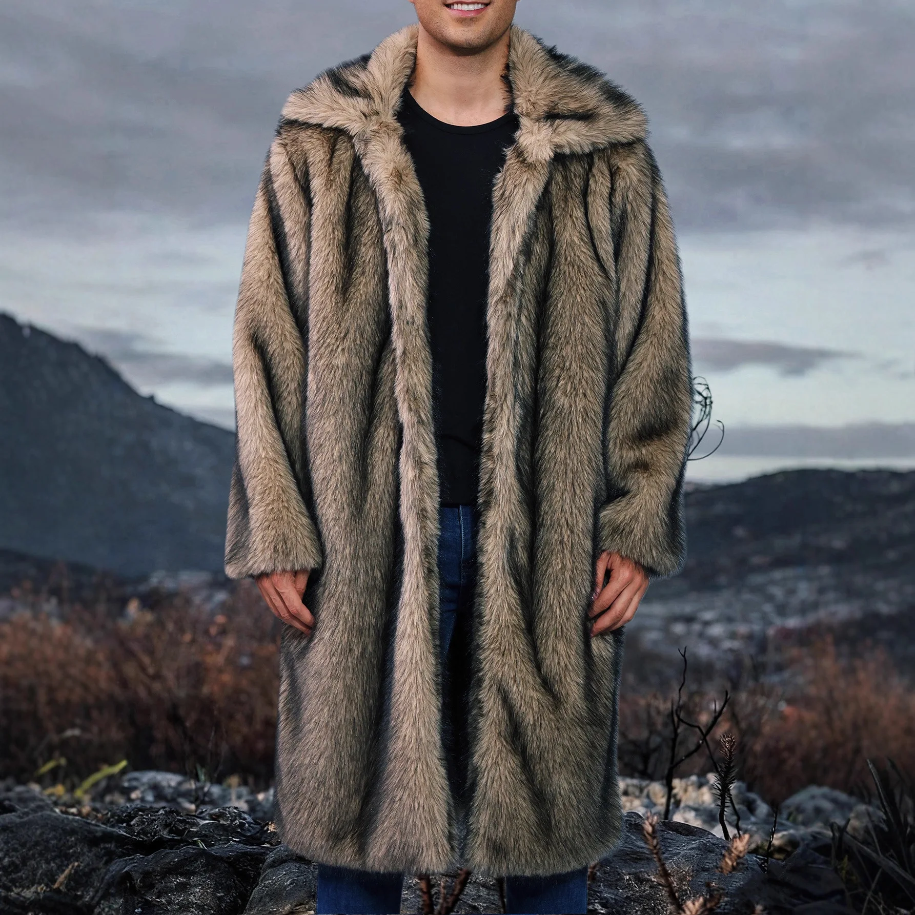 الرجال فو الفراء معاطف طويلة الفراء سترة الصلبة رفض طوق كم طويل المفتوحة غرزة سميكة الدافئة الفراء فضفاضة عادية 2025 الخريف الشتاء #3