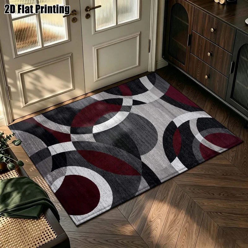 Large Indoor Area Rug, Soft Velvet Low Pile Machine Washable, Modern Abstract Geometric Circle Pattern in Burgundy Black Gray, Ideal for Living Room Bedroom Floor Decor