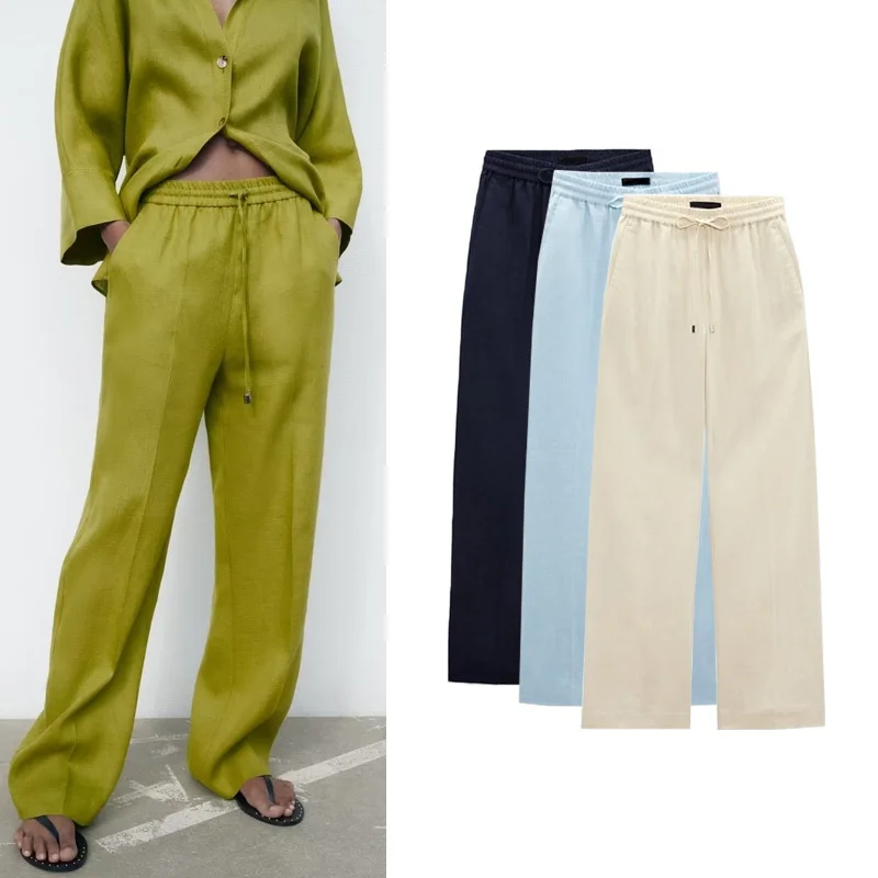 

Широкие брюки из смешанного волокна с высокой талией, эластичные брюки длиной до пола, весенние новые повседневные брюки для женщин, асимметричные брюки для поездок на работу...