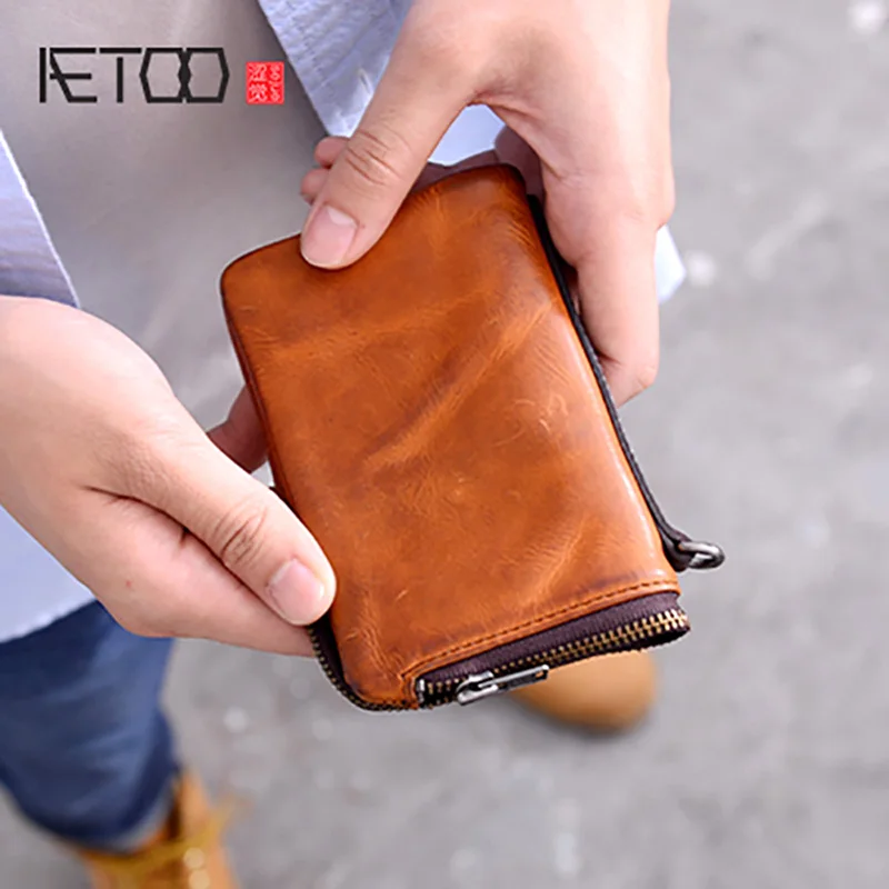 

AETOO Men's wallet short leather handmade multifunctional card zipper hand bag cowhide Youth Money Clip