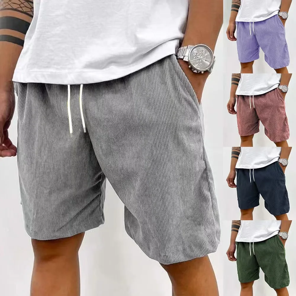 

New solid-color corduroy men's summer tie-on sports casual shorts - relaxed and trendy beach and outdoor breathable shorts