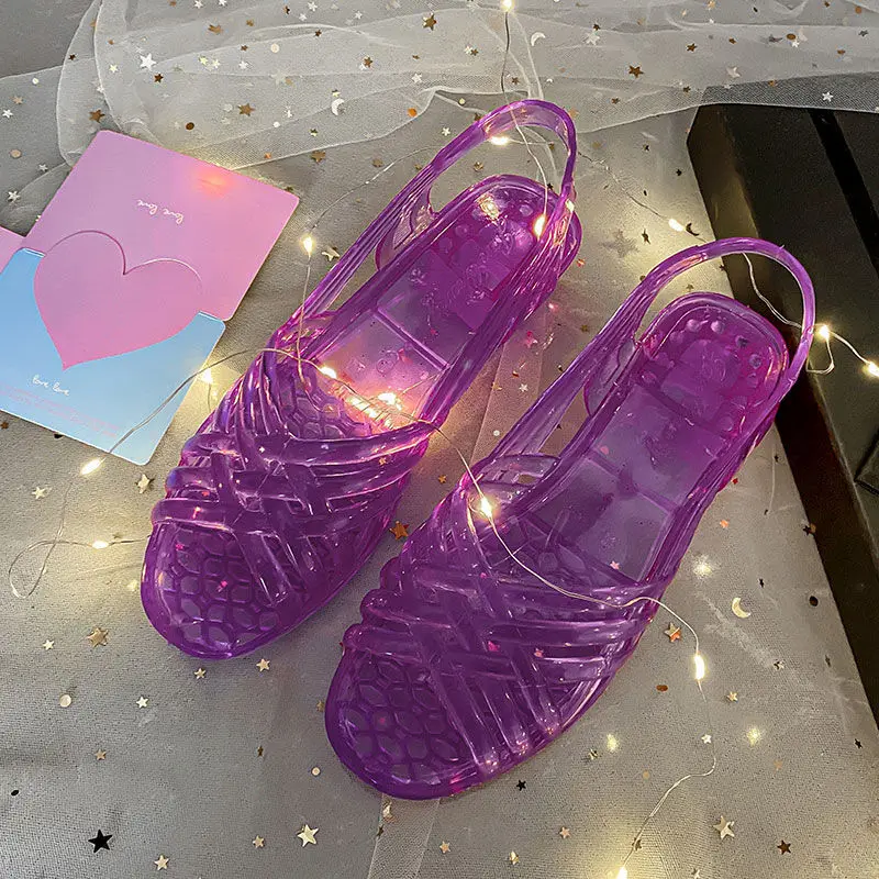 Sandals for Women with Low Heels Footwear Plastic Ladies Shoes Crystal Summer 2024 Outdoor Jelly Pvc Trend Korea on Offer Casual