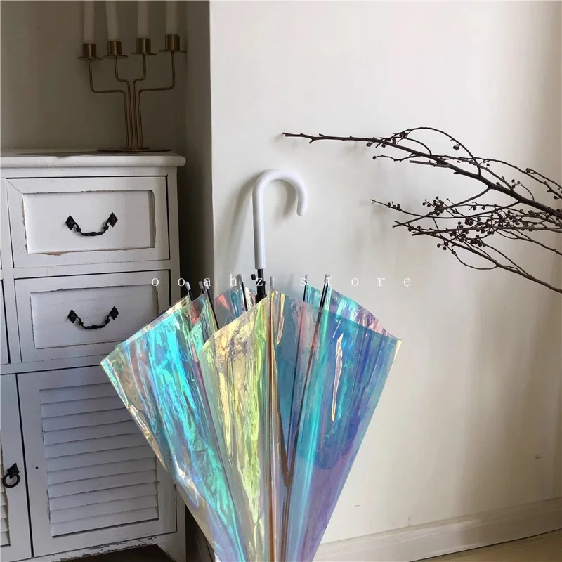 Bunter Laser-Transparenter Regenschirm, Japanischer Stil Langstieliger Regenschirm, Stilvoll und Ansprechend für Damen und Herren, Inter