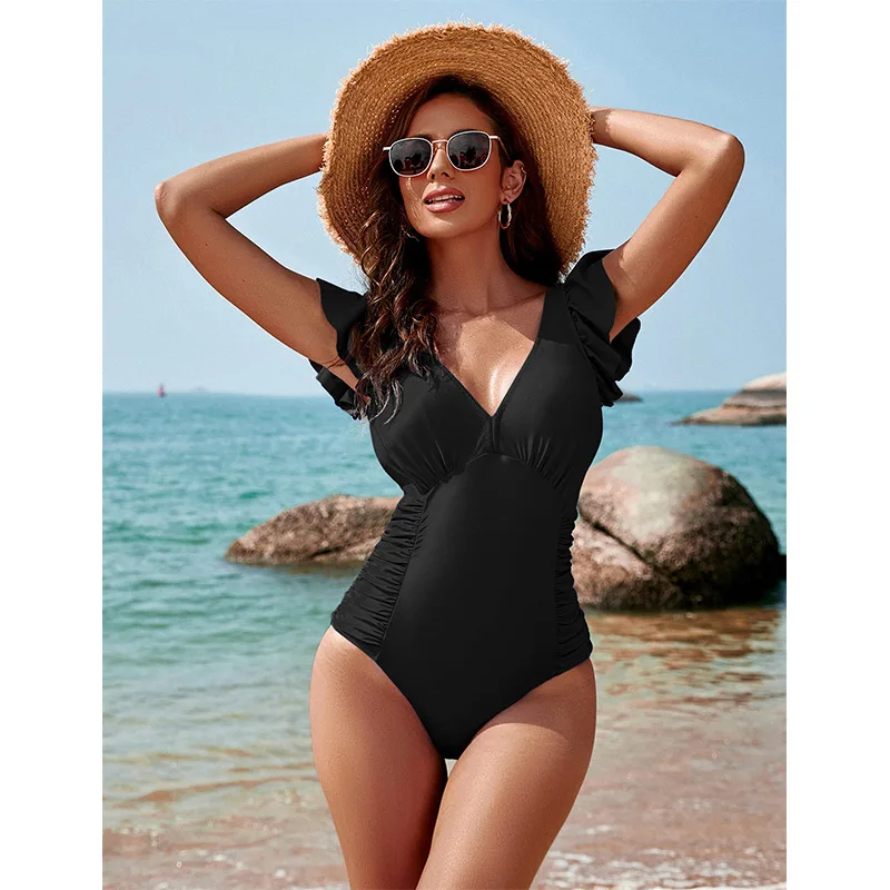 2023 New Korean Sexy Deep V Swimwear Women Classic One Piece Swimsuit Female Ruffles Backless Monokini Bathing Suit Swim Wear XL