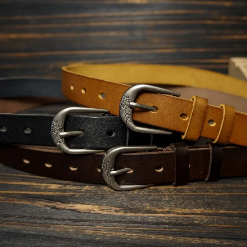 

Новые женские джинсовые ремни из воловьей кожи с игольной пряжкой, женский универсальный ремень из натуральной кожи, повседневный дизайн, ремень в винтажном стиле