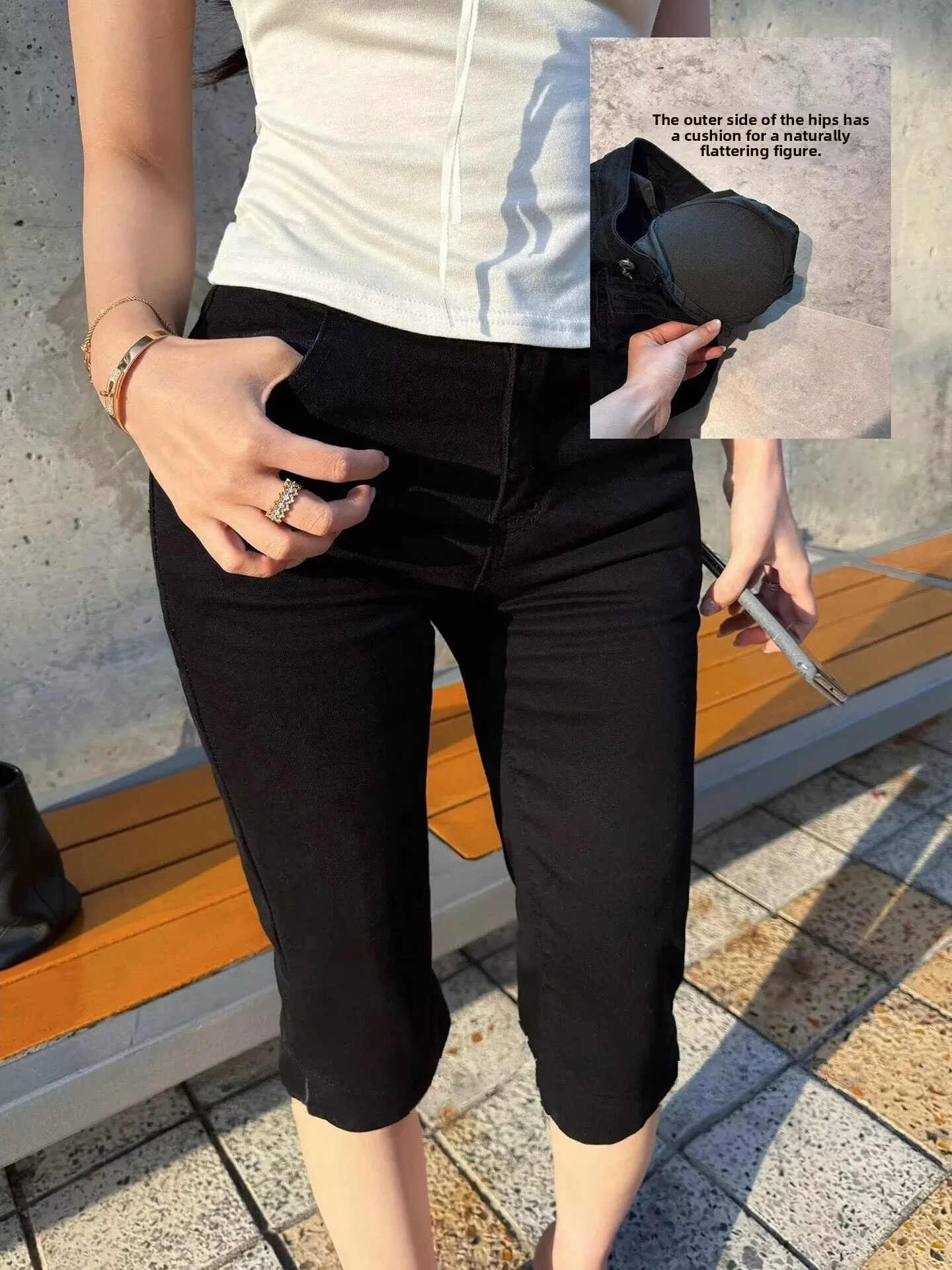 Fashionable High-Waist Seven-Foot Women's Skinny Jeans Elastic Slimming Split Design Versatile Cotton Stretch Denim Summer