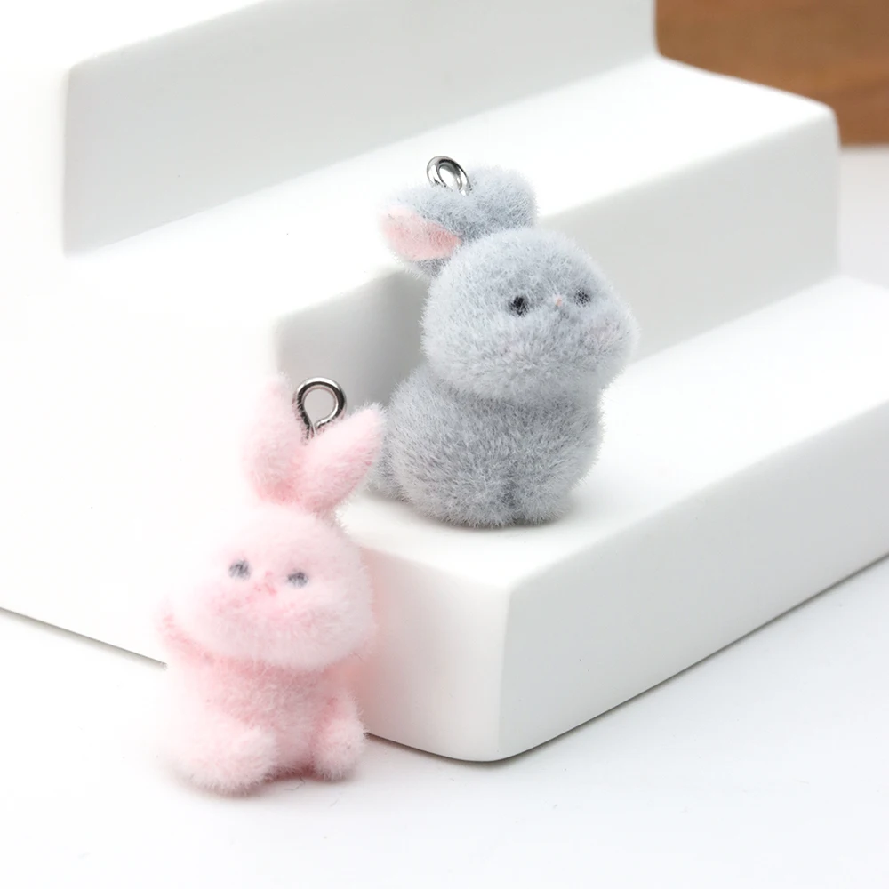 20pcs 3D Cute Rabbit Flocking Charms Cartoon Animal Pendants for Handmade Keychain Accessories DIY Crafts Jewelry Making