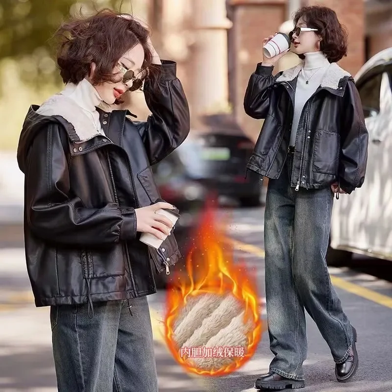2025 senhoras mangas compridas jaqueta de couro do plutônio inverno feminino com capuz grosso casaco de couro coreano moda feminina outwear de couro falso