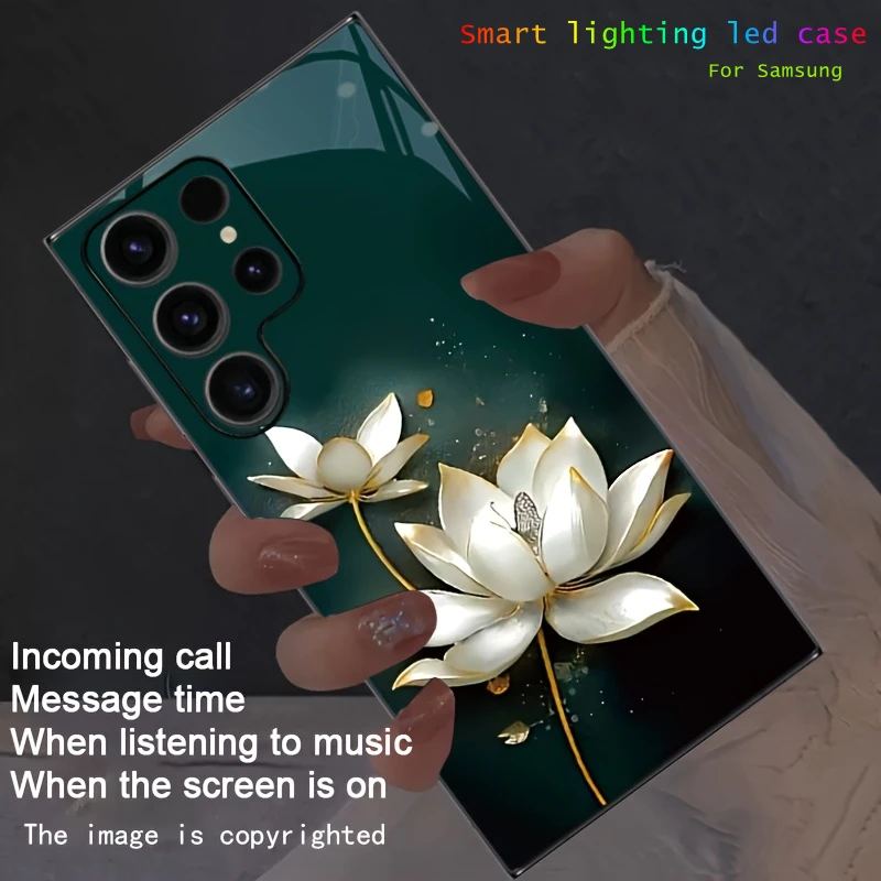 

Luxury White Lotus Flower Flash Phone Case For Samsung A16 A56 A36 A17 A54 S25 S24 Ultra S23 FE S22 Plus 5G LED Glass Back Cover