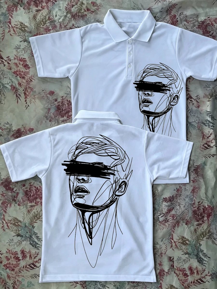 Polo Shirts Minimalist Line Art Graphic Abstract Face Aesthetic Print Y2k Men's Golf Shirt Streetwear Fashionable Short Sleeve
