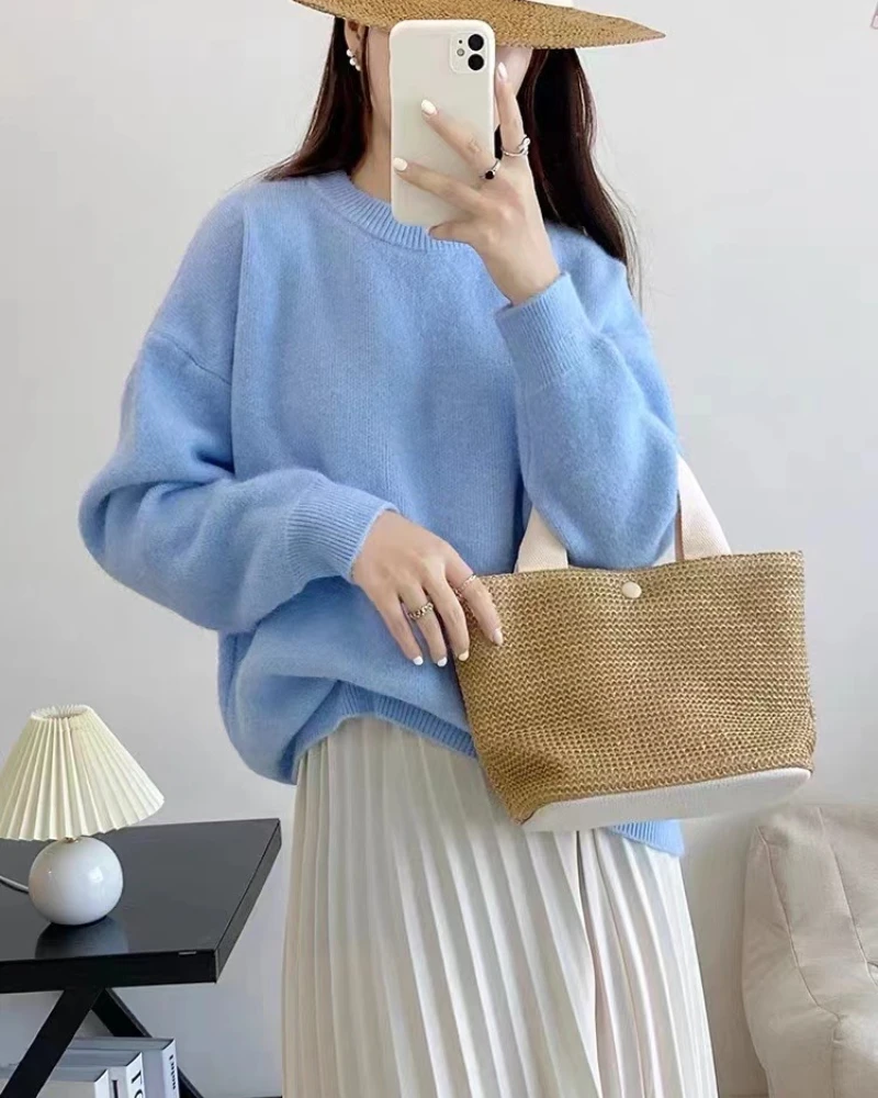 Sweater Women\'s Ruannuo 2024 Autumn New Korean Style Sweater Lazy Style Outerwear Pullover Round Neck Top for Women