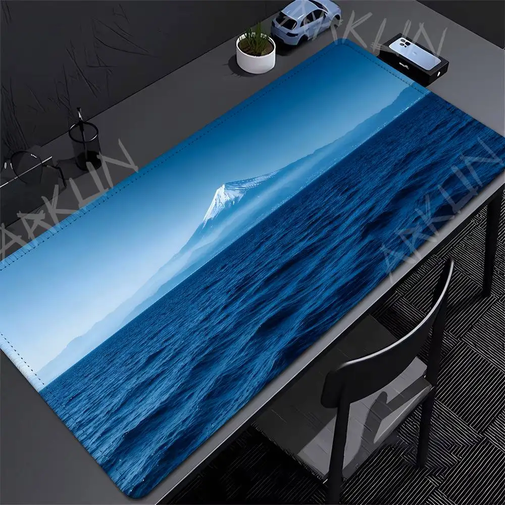 Ocean View Mount Fuji Large Gaming Mouse Pad, Blue Sea Snow Capped Volcano Landscape Mat, Non Slip for PC Office Decor Gift