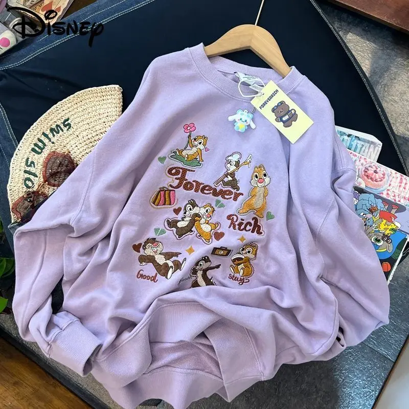 Disney Chip'n'Dale-Jersey de manga larga para mujer, Sudadera con capucha de cuello redondo, estilo coreano, Top bordado