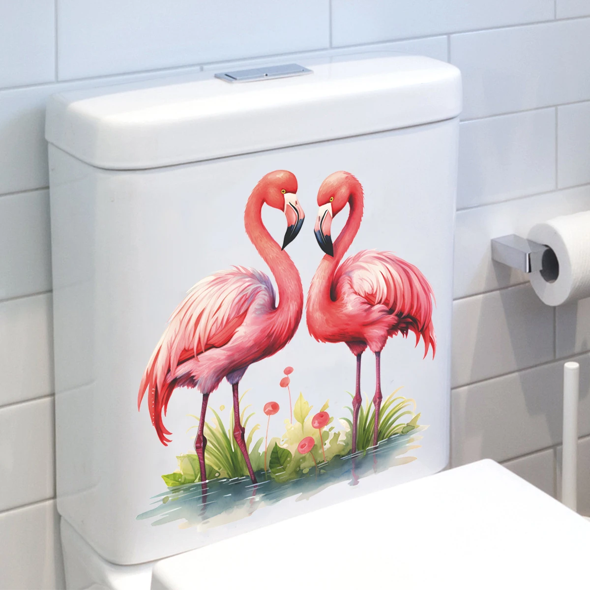 1PC Flamingo toilet seat sticker - self-adhesive PVC bathroom sticker with tropical floral design and whimsical animal print fan
