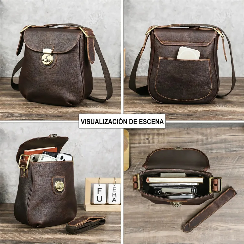 Vintage Crazy Horse Waxed Genuine Leather Men Shoulder Bag Insert Lock Crossbody Fits 7.9 Inch iPad