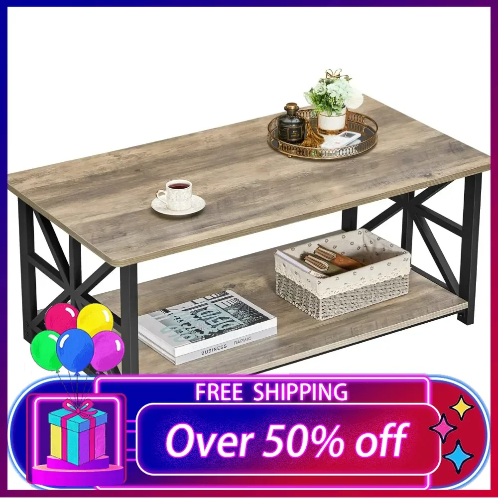 Coffee Table for Living Room with Round Corners Farmhouse Style Center Table with Storage Shelf 39 Inch Space Saving