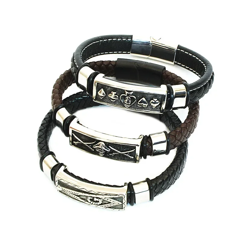 Masonic Leather Men Bracelet Hand-Made Braided Bangles Heart Hexagram Skull Bracelets Magnetic Wristband Males Jewelry