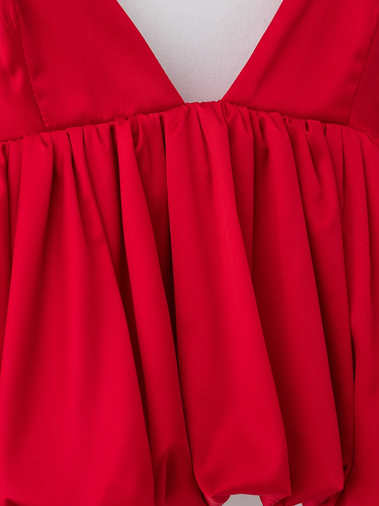 KUCLUT Frauen Mode Rot Plissee Backless A-Line Camis Tops Vintage Dünnen Trägern V-ausschnitt Weibliche Chic Dame Crop Tops