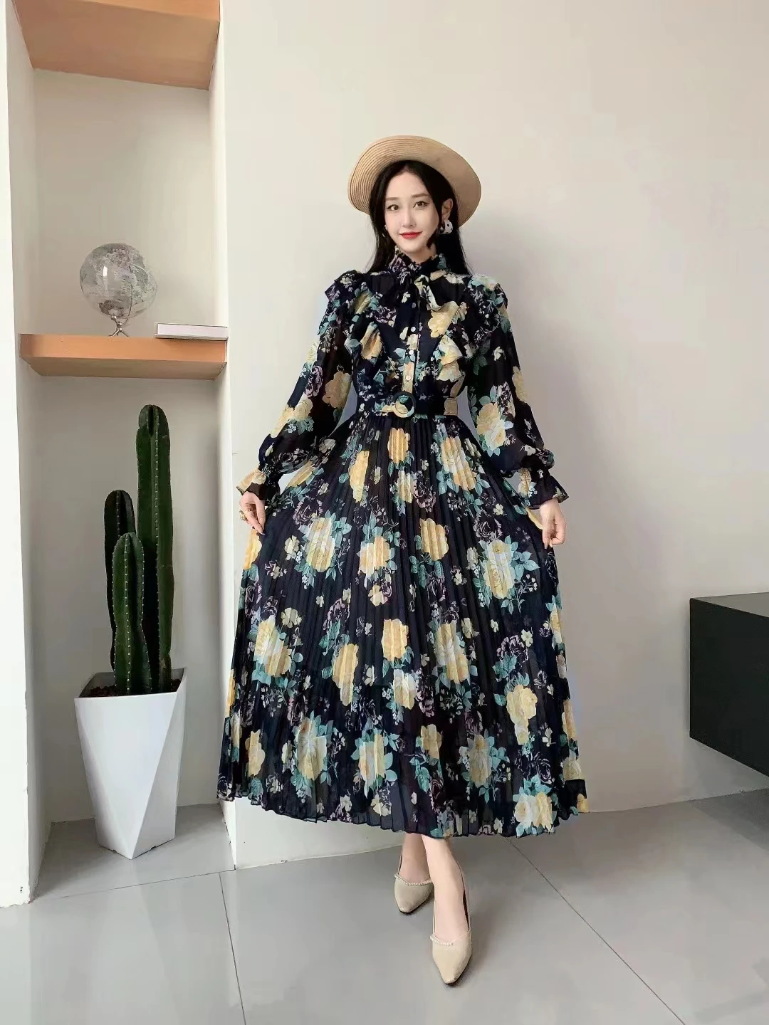 2023 New Spring Autumn Women Long Sleeve Belt Slim Long Dress Sweet Ruffles Patchwork Pleated Big Hem Chiffon Floral Dress