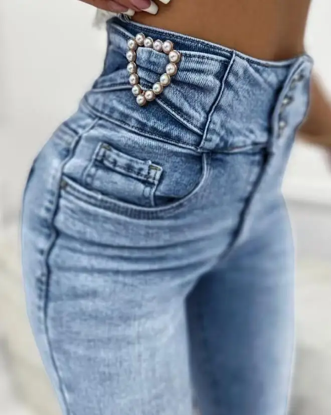 

Women's Jeans 2024 Spring Fashion Pearls Decor Buttoned High Waist Casual Pocket Skinny Daily Long Jeans Y2K Streetwear