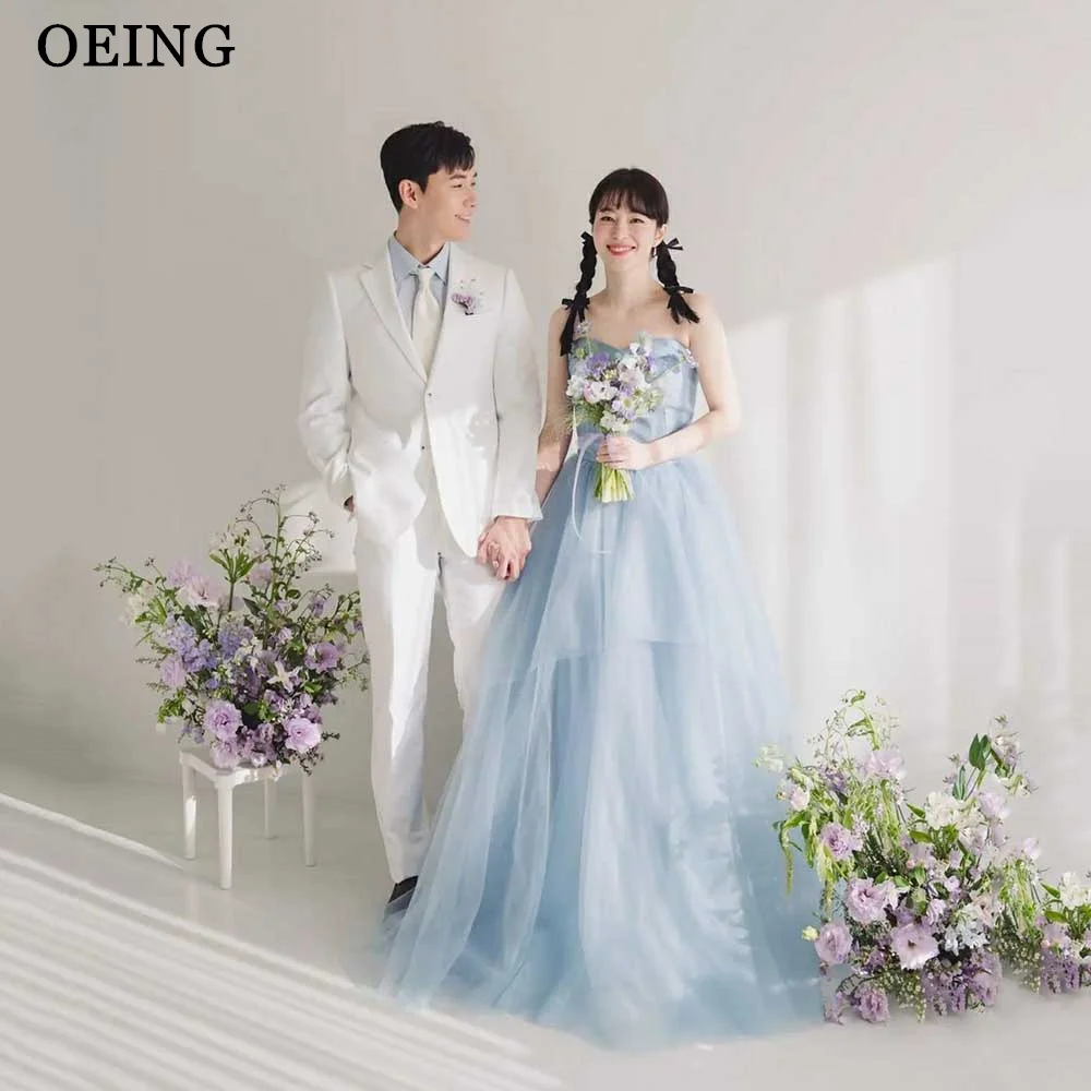 

OEING Elegant Light Blue V Neck Korea Wedding Dress Fairy Sleeveless Long Bridal Gown Tiered Ruffles Evening Dress Gala 2024