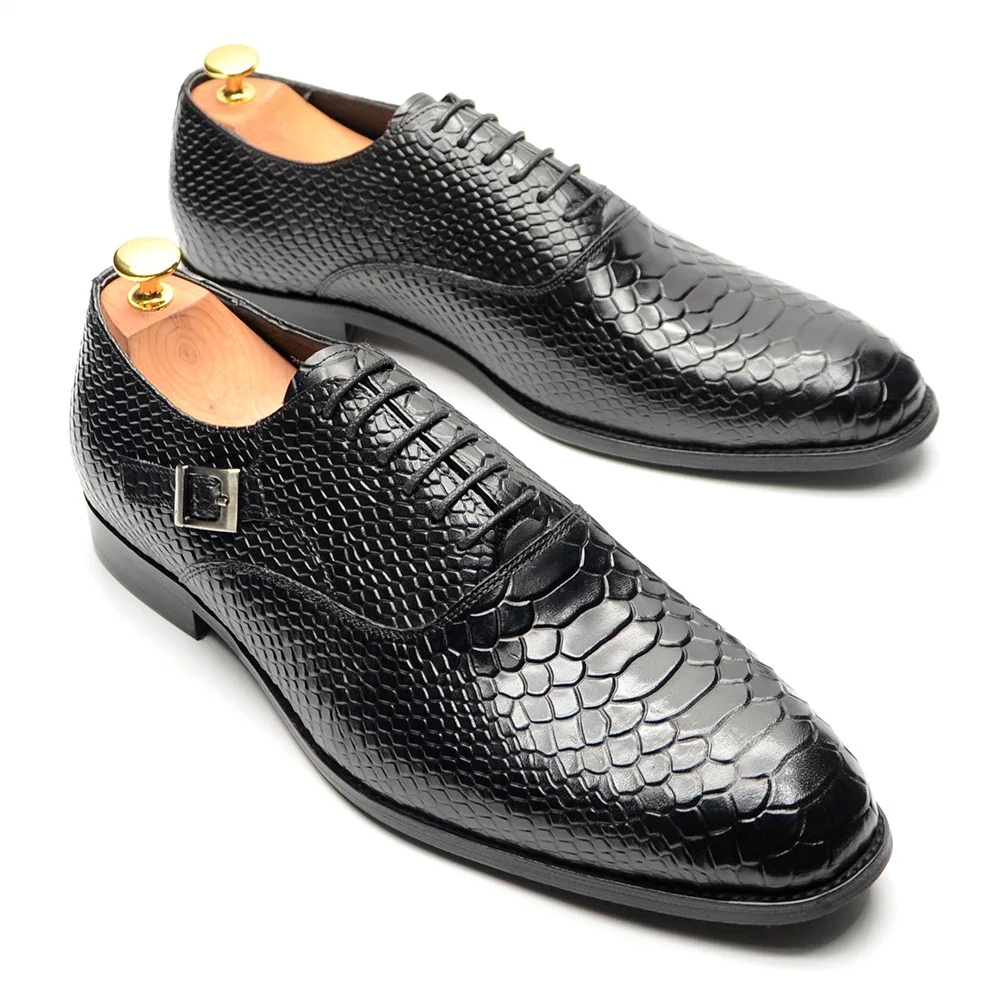 Handmade Cow Leather Men Oxfords Snakes Print Banquet Ceremony Wedding  Lace Up Buckle Dress Shoes Male Business Office Footwear