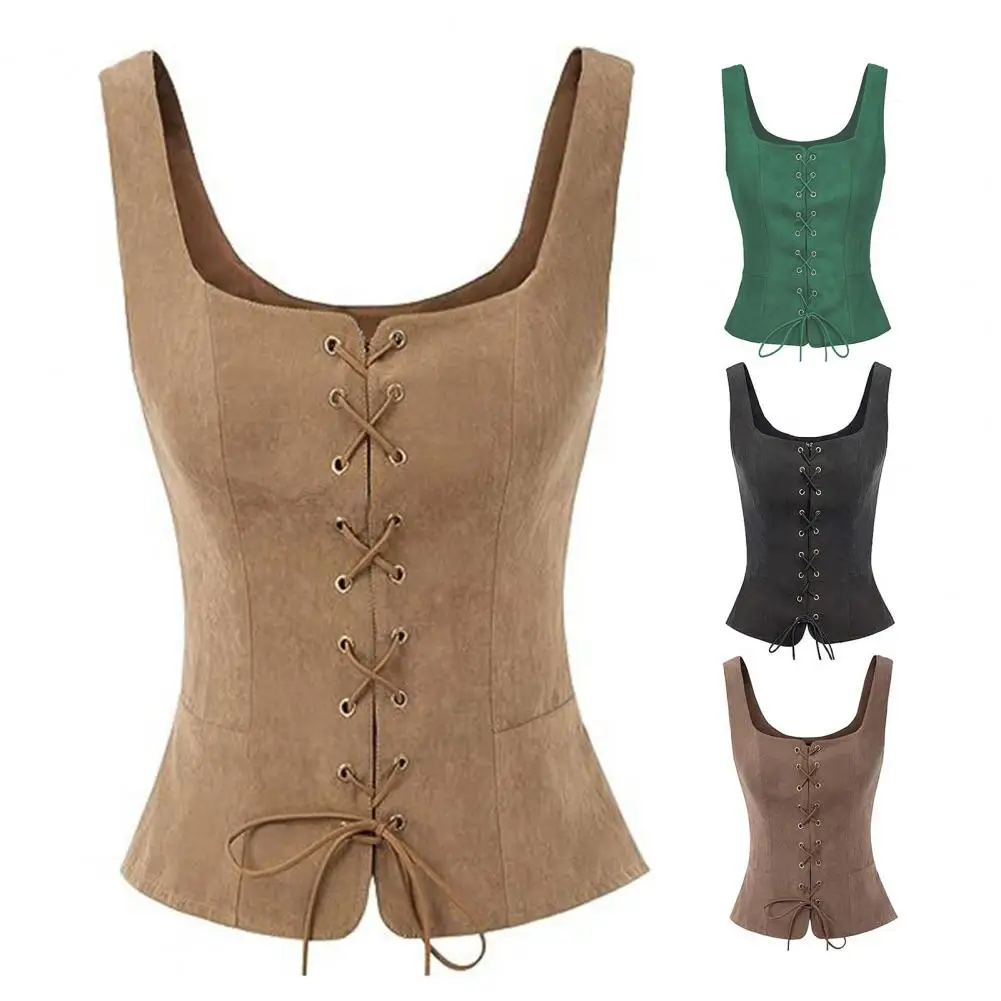 Women Vest Renaissance Vinatge Sleeveless Medieval Lace-up Front Vest Coat Waistcoat Renaissance Cosplay Costume Peasant Bodice