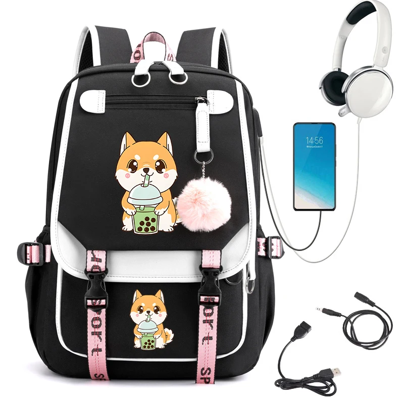 Usb Opladen Schooltas Corgi Hond Love Bubble Boba Thee Cartoon Schoolboek Rugzak Terug Naar School Rugzak Tassen Anime Boekentas