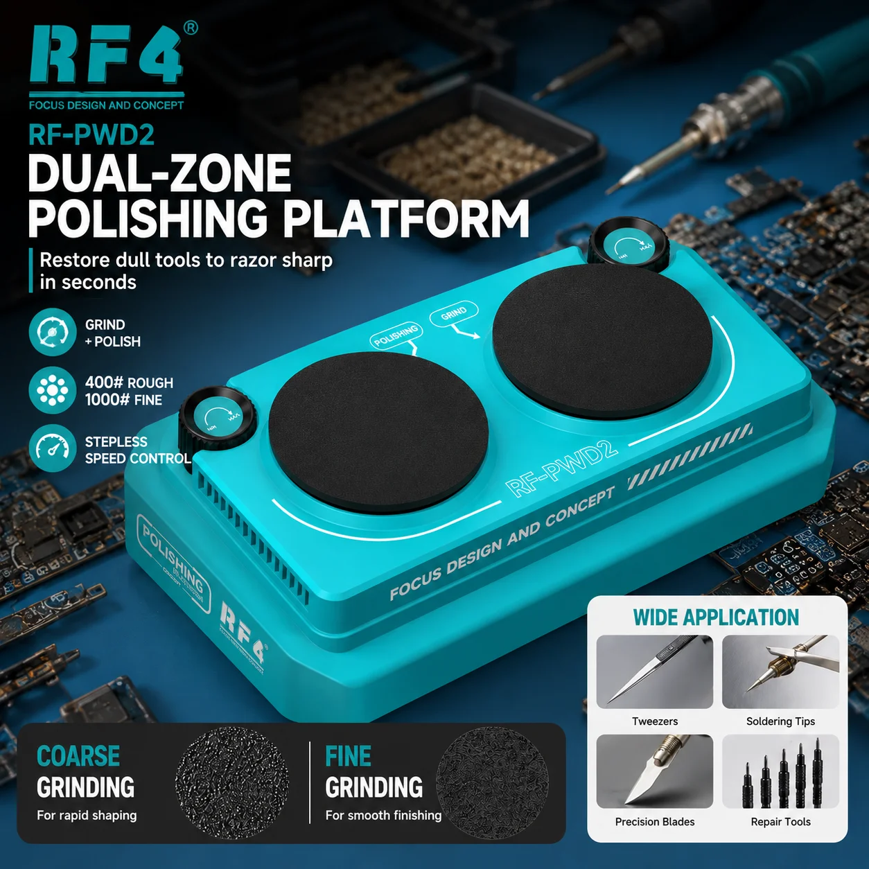 RF4 RF-PWD2 Electric Dual Grit Grinding Station Stepless Speed Control for Tweezers Soldering Tip Scrapers Soldering Repair Tool