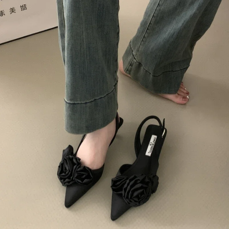 New Woman 2024 Trend Sandals High Heeled Sweet Rose Closed Toe Footwear Summer Slingback Pointed Fashion Dress Ladies Shoes