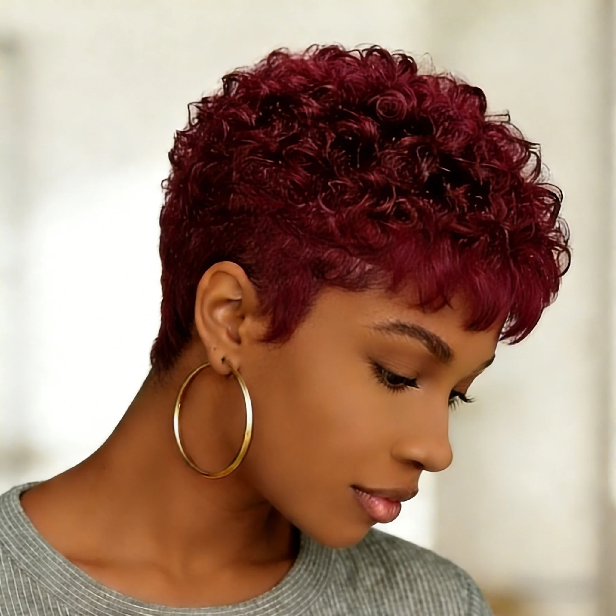 Pixie Cut Wigs Human Hair Short Curly  For Women Natural Black Wine red brown Full Machine Made Wig image 5