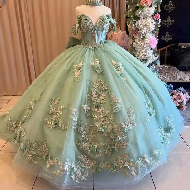 

Customized Green Ball Gown Quinceanera Dresses 2025 Glitter Applique Tulle Sweet 16 Evening Dress Vestido De 15 Años