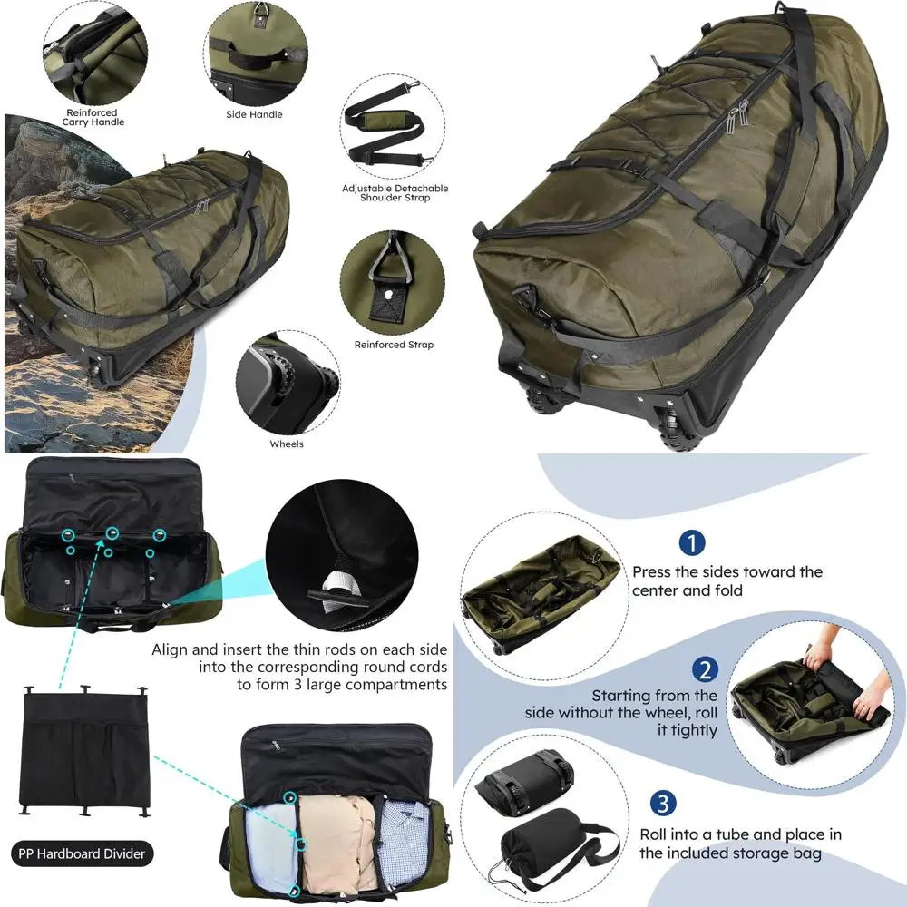 Expandable 110-140L 32 Rolling Duffle Bag with 2 Wheels, 3 Compartments, Adjustable Strap, and Organizer Pouch, Green
