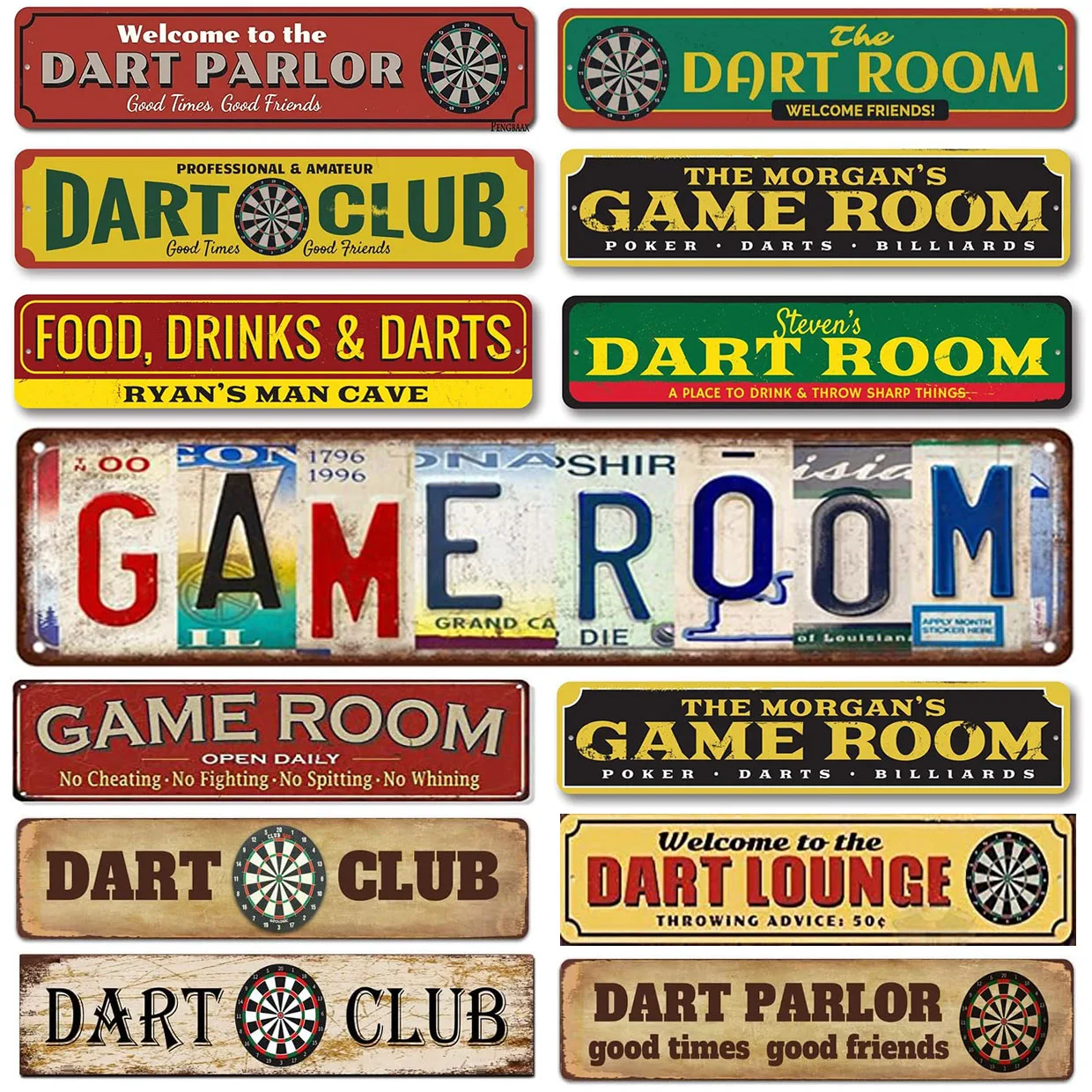Vintage Dart Room & Game Room Style Aluminum Metal Sign Retro Dart Parlor, Club & Game Night Wall Art Decor for Home Bar Man Cav