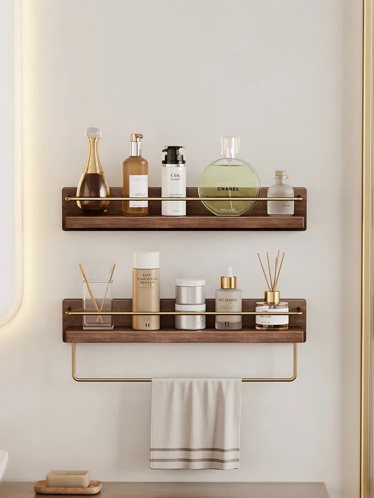 Walnut No‑Drill Wall‑Mounted Bathroom Kitchen Shelf, Water‑&‑Moisture‑Proof Towel Rack, High Load‑Capacity Storage Organizer