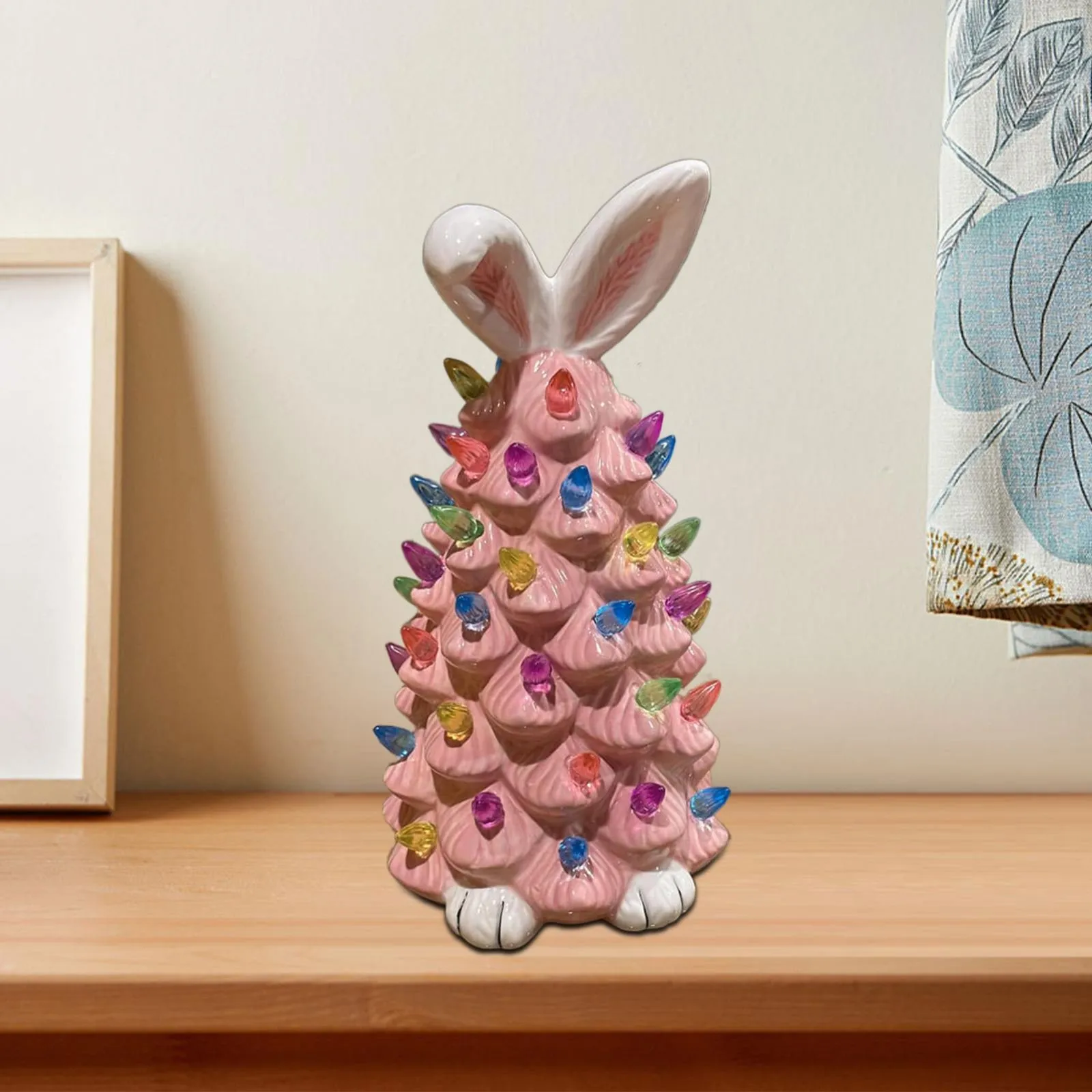 Easter Festival Themed Cute Pink Bunny Ornament Christmas Tree Shaped Desktop Decorations Resin Home DIY Decor with LED Light