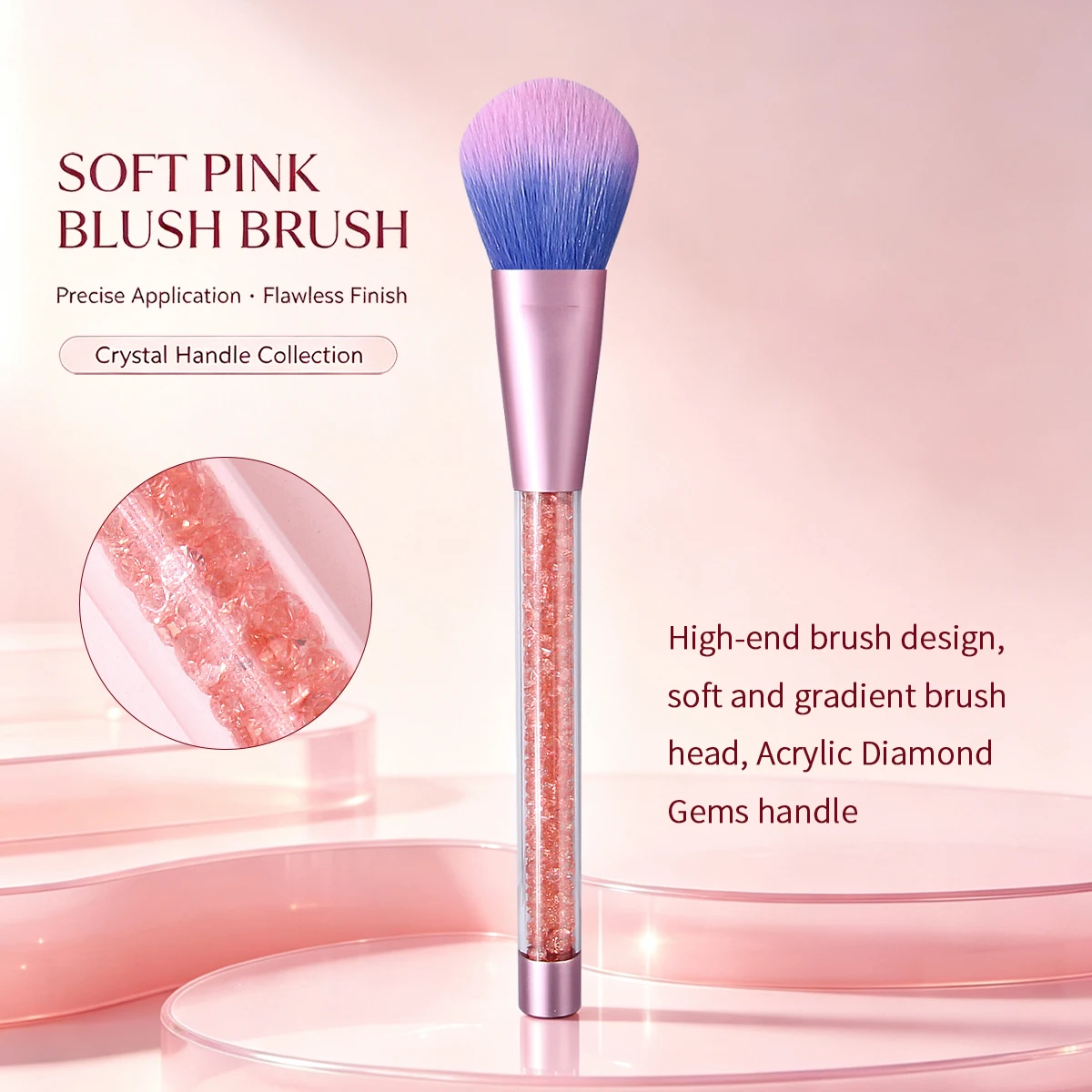 1PCS Blush Brush,Crystal Glitter Handle, Professional Face Makeup Brush for Blush Powder, Portable Single Makeup Tool