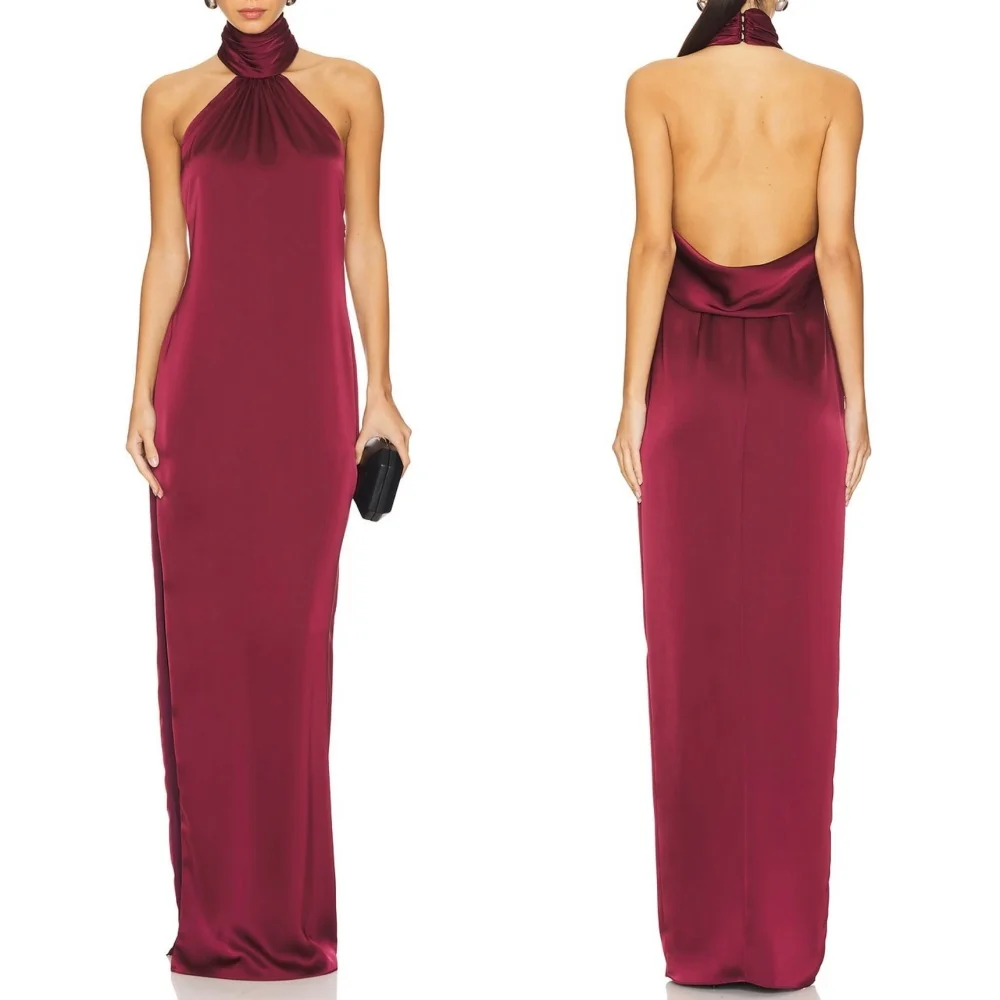 

Customized Women Evening Dress Bespoke Occasion Charmeuse Halter Backless Pleat Straight Long Dresses Cocktail Party Gown