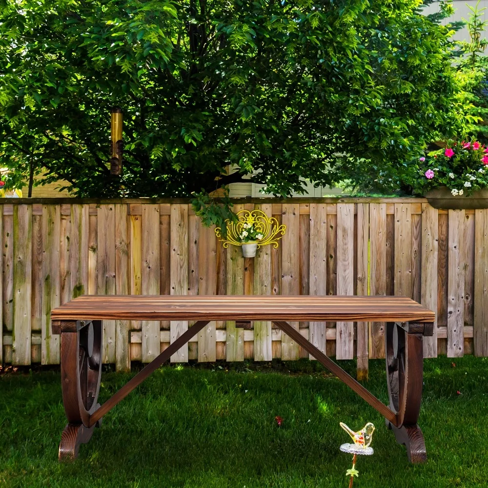 

Outdoor 2-Person Rustic Hardwood Garden Bench with Wagon Wheel Design - Heavy-Duty Brown Wood Construction