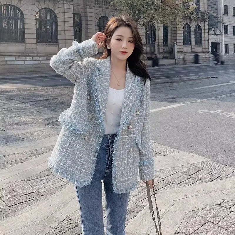 

Французский синий твидовый пиджак с лацканами в стиле «маленький аромат», женский, весна-осень, новый корейский клетчатый блейзер, свободная верхняя одежда в корейском стиле