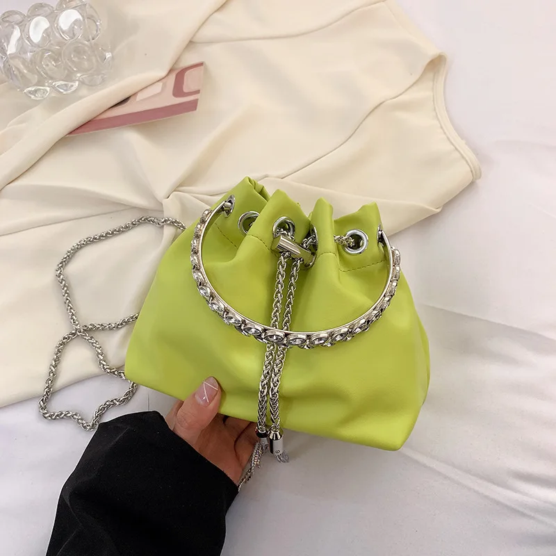 Trendy Korean Small Bucket Bag Fine Crystal Inlay Handle Handbags For Women Chain Shoulder Bag Fashion Pink White Green Clutches