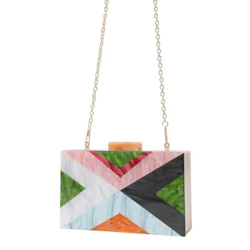 

Ladies Dinner Bag Splicing Acrylic Wedding Party Banquet Clutch Bag Chain Messenger Trendy Snap Closure Handbag Bolsa Grife Luxo