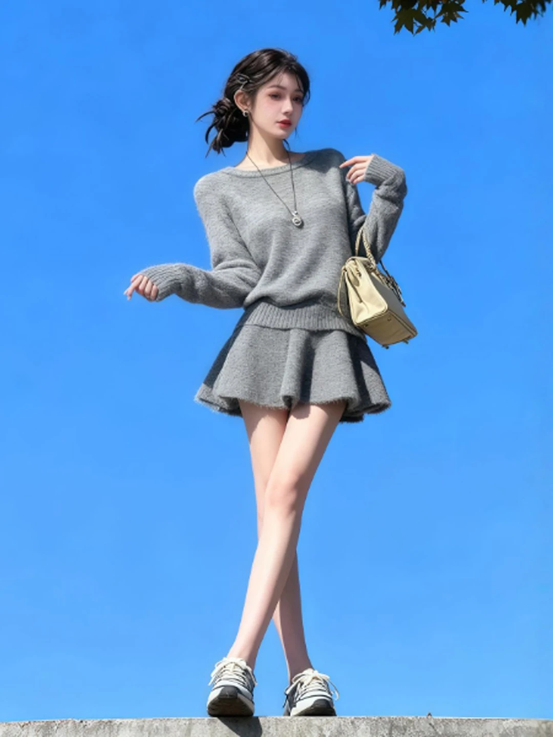 

Комплект из вязаного свитера и юбки в корейском стиле для весеннего сезона, омолаживающий образ, удобный длинный свитер, круглый вырез, OOTD