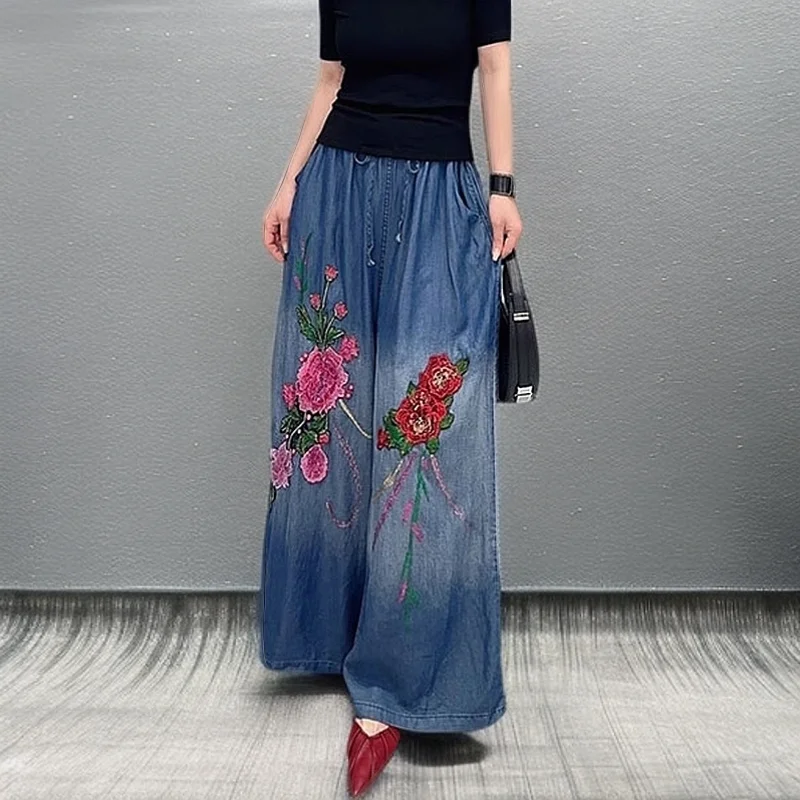 Spring And Autumn New Korean Fashion Embroidery Long Denim Wide-leg Hakama Loose Women's Clothing Ethnic Style Drawstring Jeans