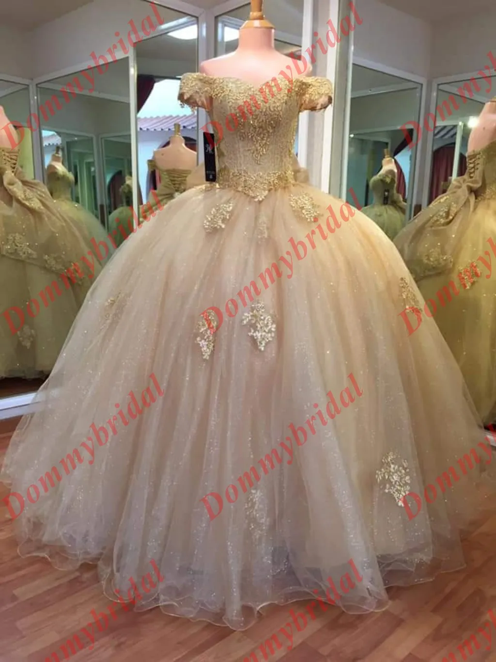 2023 Cheap Long Champagne Tulle Floor Length Lace Applique Ruched Quinceanera Formal Dress for Women Teen Off Shoulder Bows