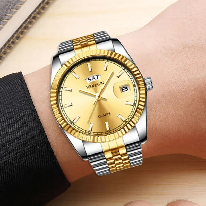 Luxuy Fashion Men\'s Watches Men Diamond Watches Silver Gold Stainless Steel Band Day Date Quartz Wristwatches Relogio Masculino