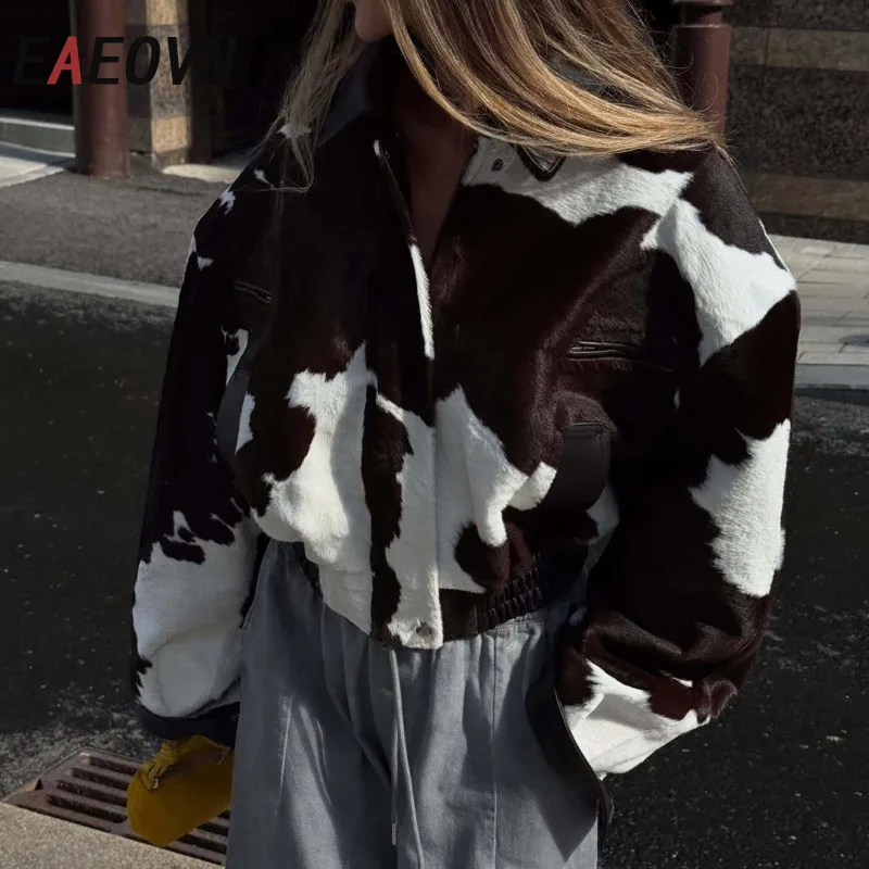 Kurtka damska EAEOVNI Streetwear z kontrastowymi kolorami, modna, skórzana, patchworkowa, z długim rękawem, vintage, nowa odzież