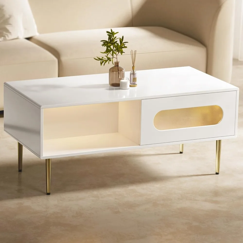 

LED Living Room Table with 4 Storage Compartments, Semi See-Through Sliding Doors, Metal Legs, Coffee Table for Living Room