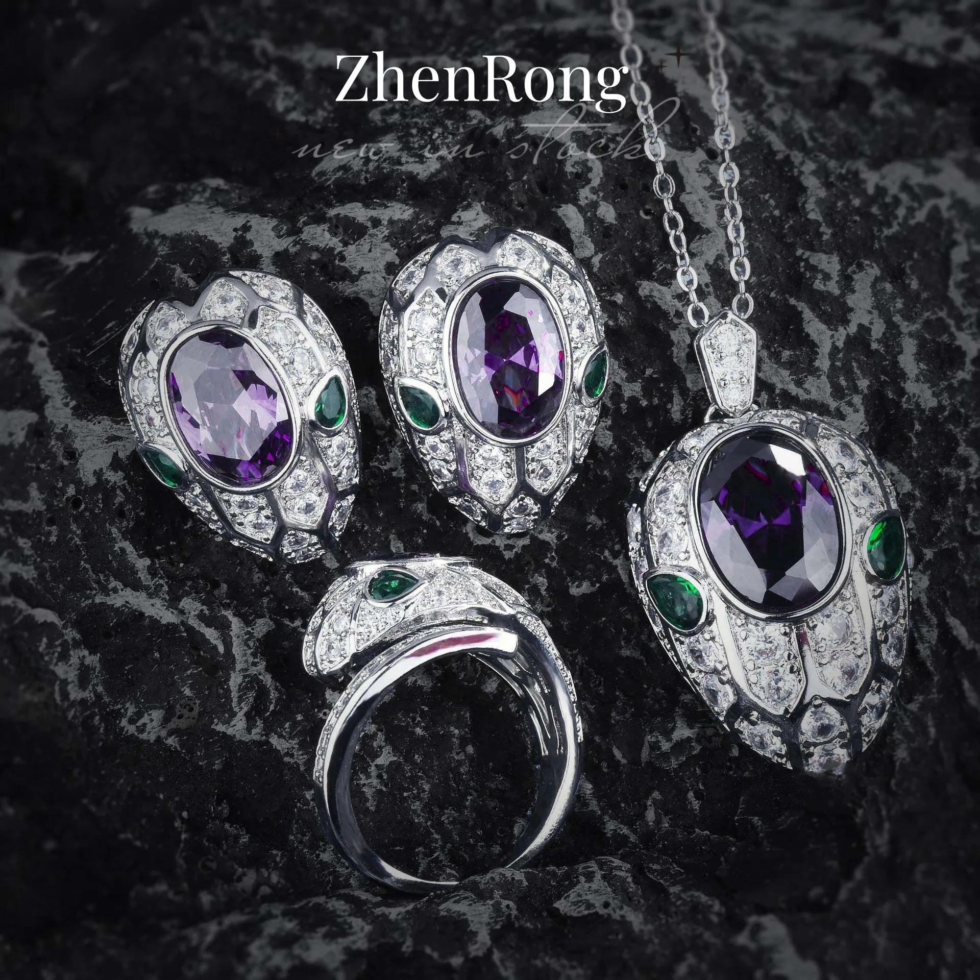 

Exquisite Purple Gemstone Jewelry Set Silver Zircon Cubic Pendant Necklaces Opening Rings For Women Wedding Party Jewelry Gift